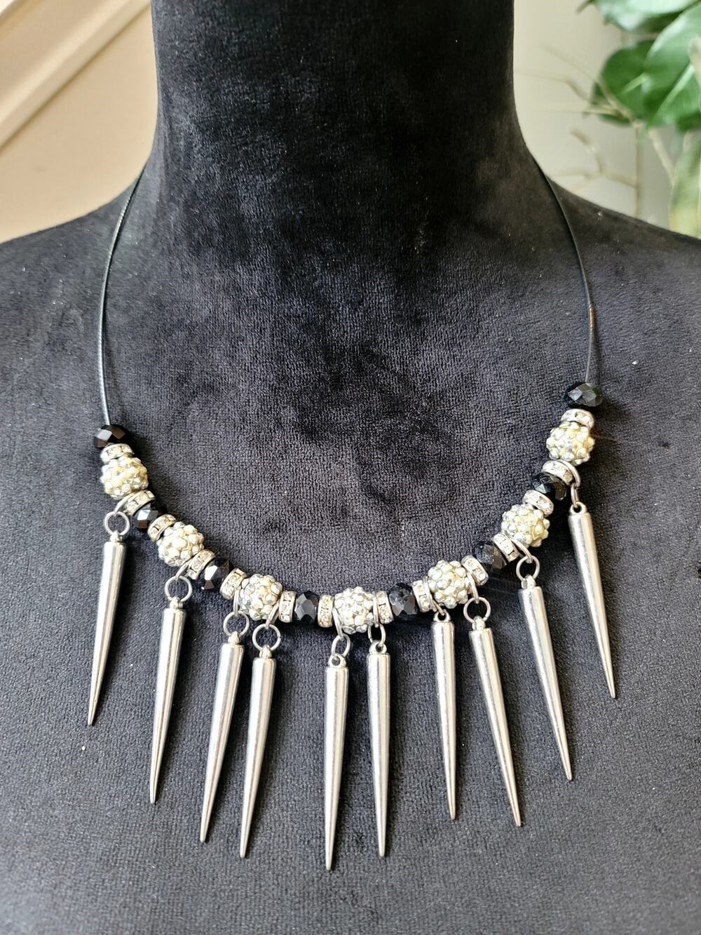 Silver Tone Spike Bib Statement Necklace Edgy Gothic Punk